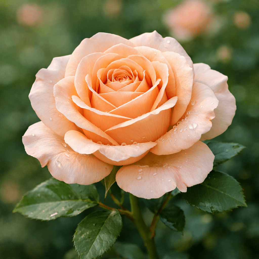 Peach-colored rose with dew drops on petals and green leaves